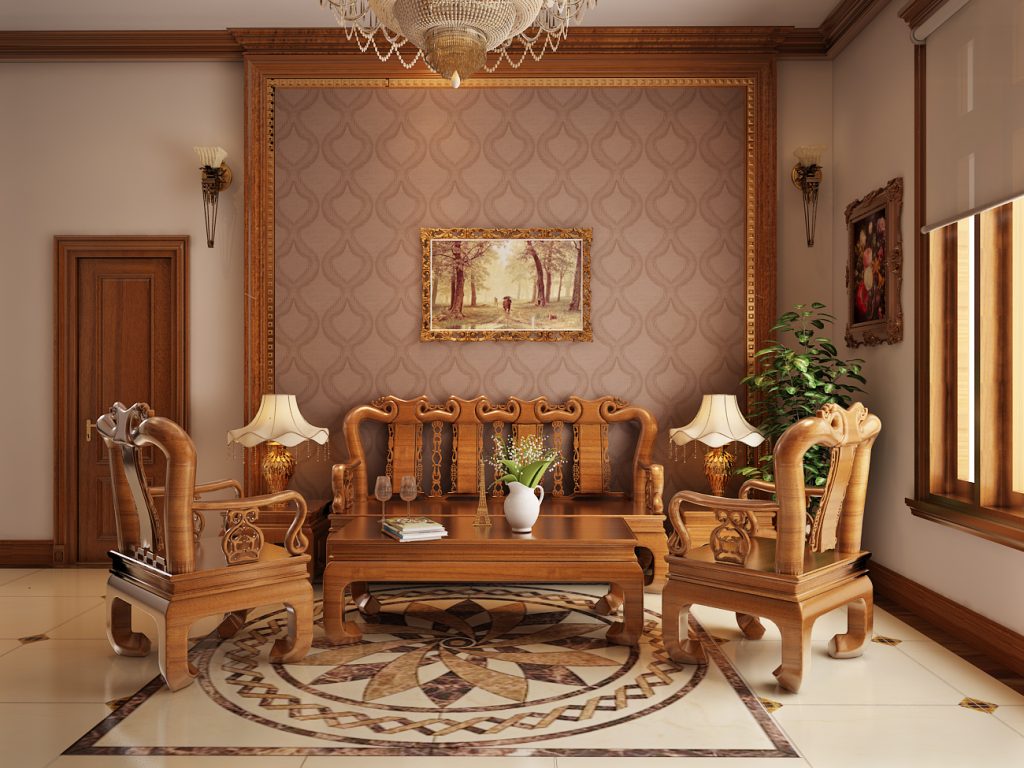 trang trí phòng khách với nội thất gỗ