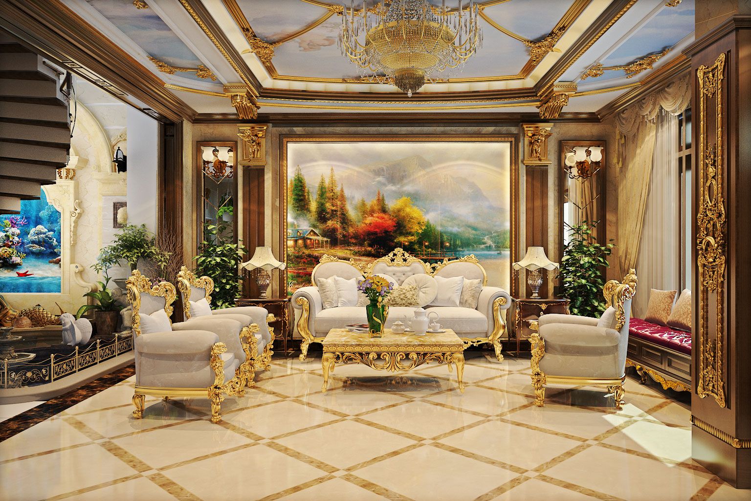 phòng khách phong cách hoàng gia