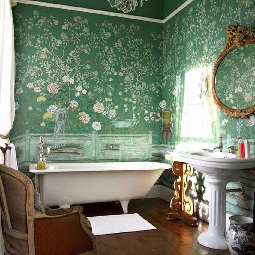 giấy dán tường phòng tắm màu xanh hoa trắng